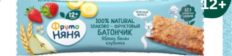 ФрутоНяня Злаково-фруктовый батончик из яблок, бананов и клубники